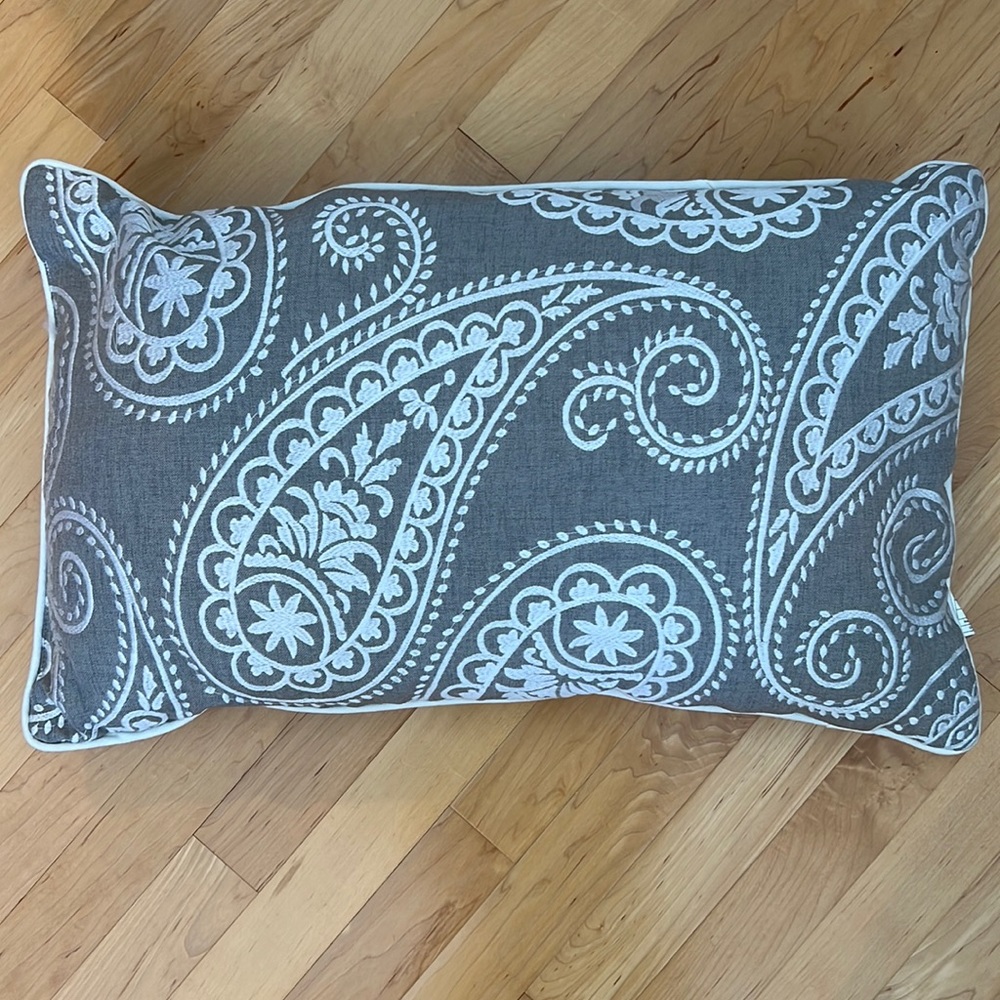Decorative pillow grey with white paisley design. New never used